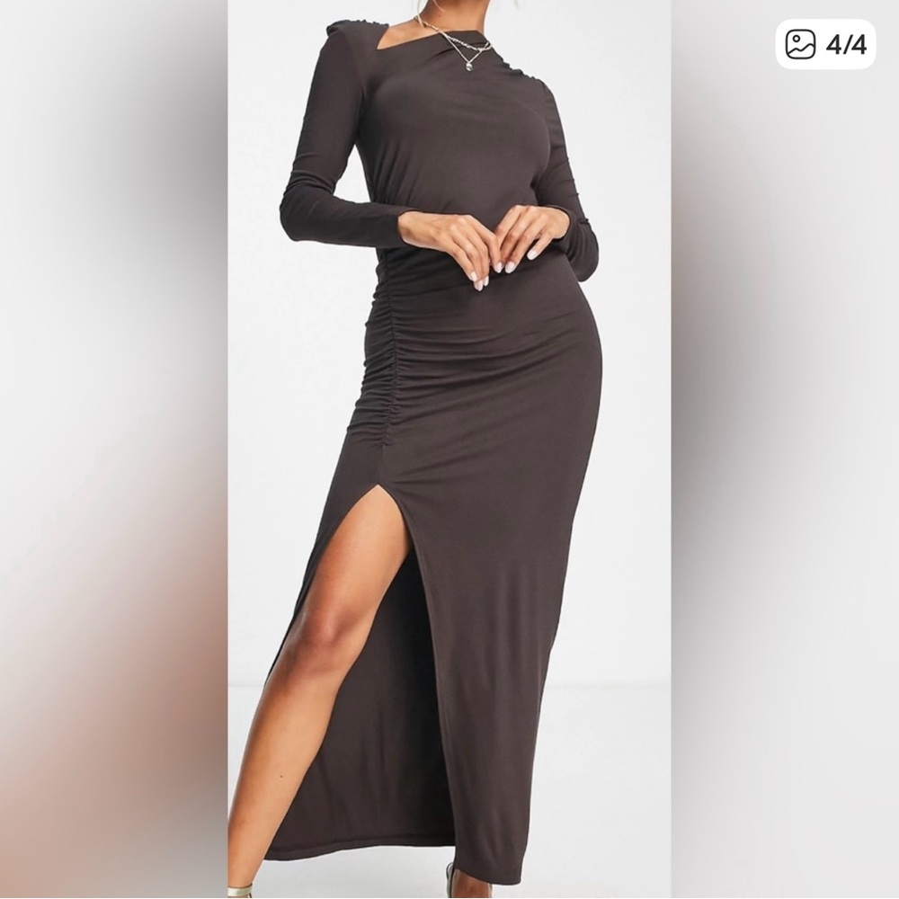 ASOS DESIGN long sleeve ruched detail midi dress in chocolate brown